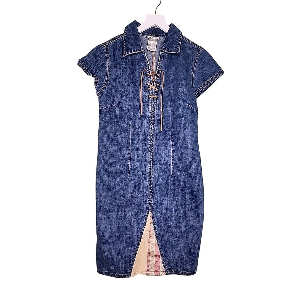 Vintage 90s Denim Dress 8 Lace Up Country Cowgirl Western Cottage Patchwork